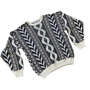 Boulevard Club Textured Knit Pullover Sweater Vintage 90s Blue/White Pattern